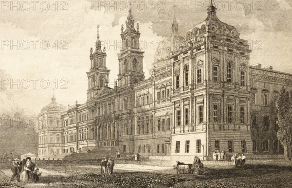 Palácio Nacional de Mafra, Mafra National Palace, Baroque Palace and Monastery, Basilica, Portugal, Promenade, Walkers, Horse-Drawn Carriage, UNESCO World Heritage, Culture, Religious Building, Steel Engraving, Architecture, Historical Illustration 1834