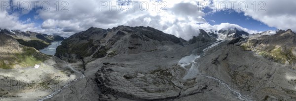Aerial view, Alpine panorama, mountain landscape with glacier Glacier de Cheilon and summit Mont Blanc de Cheilon and Lac de Dix, Valais, Western Alps, Switzerland