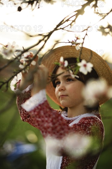 A young girl in a red dress and straw hat looks at an almond tree in bloom on a sunny day. The scene captures a serene moment of childlike wonder and the beauty of nature
