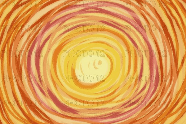 This abstract illustration features vibrant swirling patterns in warm orange and yellow hues, resembling a radiant sunburst. It conveys energy, warmth, and creativity
