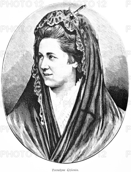 Portrait of a noble Chilean woman with decorated headscarf, young woman, dark straight hair combed back, hair jewellery, friendly sideways look, smile, oval picture, historical illustration, Chile, woman of the 19th century
