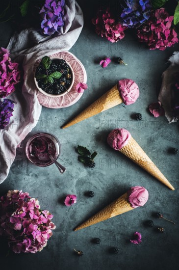 Tempting blackberry cones featuring Greek yogurt, cream, and homemade wild blackberry jam. A perfect blend of creamy and fruity flavors for a delightful treat