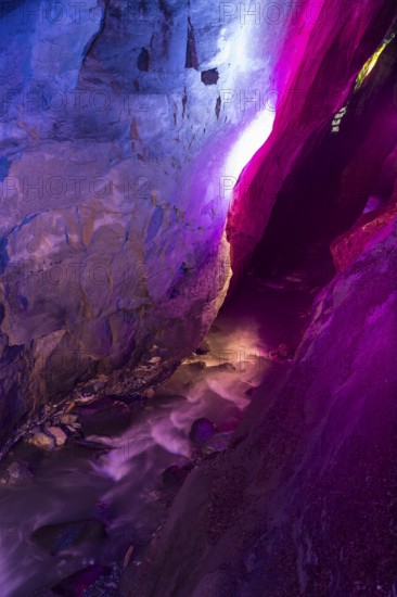 The Tamina Gorge and the Tamina River illuminated in colour at night, Altes Bad Pfäfers, St. Gallen, Switzerland