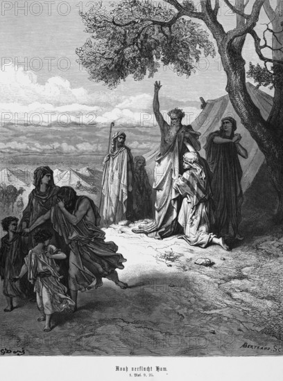Bible, Noah curses Ham, his son, Genesis, 9, 25, Moses, Old Testament, landscape, tents, tree, curse, abandoned, children, woman, men, historical illustration 1885