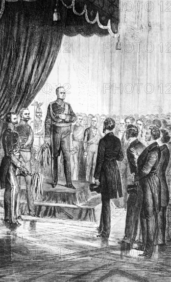 The imperial deputation of deputies from Frankfurt in front of Emperor Frederick William IV, development of democracy, power and participation of parliament, rejection of parliamentary wishes by rulers, democratic constitution, aristocracy, elevated throne, social status, Prussia, historical illustration 1884