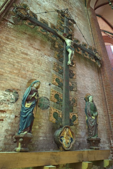 Triumphal cross group from St Georgen 1420, St Nikolai Church, late Gothic brick building, built between 1381 and 1487, Wismar, Mecklenburg-Western Pomerania, Germany