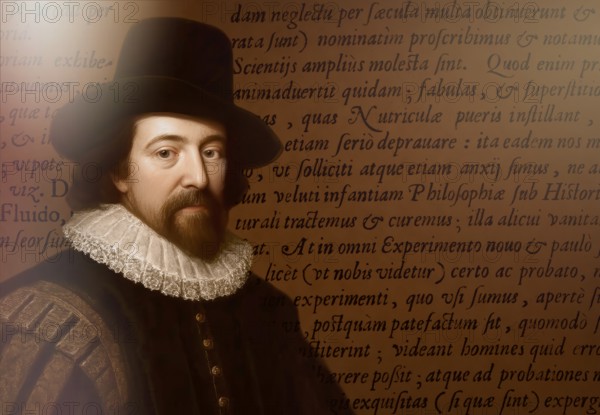 Portrait of Sir Francis Bacon, Baron Baco of Verulam, 1561 - 1626, English lawyer, statesman, essayist, historian, intellectual reformer, philosopher and scientist, title of ‚ Page from ‘Instauratio Magna‘