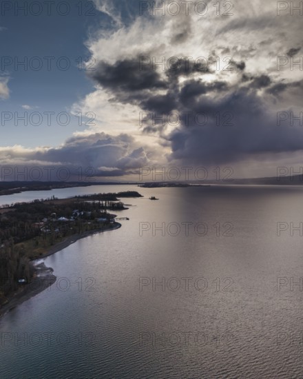 Weather picture, aerial view of the Mettnau peninsula near Radolfzell am Lake Constance, a low-hanging, passing rain cloud on the horizon over the island of Reichenau and Constance, heavy rain, severe weather Radolfzell am Lake Constance, district of Constance, Baden-Württemberg, Germany