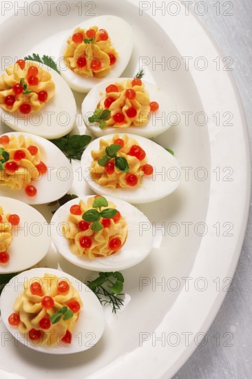 Stuffed eggs, with red caviar, micro greenery, Snack, on a white plate, top view, close-up, no people