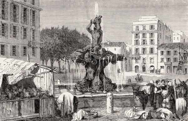 Fontana del Tritone, Triton Fountain, Piazza Barberini, Rome, Italy, 19th Century