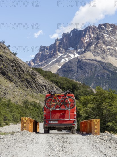4x4 Campervan, Bridge over Rio Blanco, Mount Fitz Roy, El Chaltén, Santa Cruz Province, Argentina