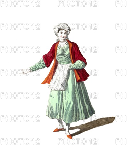 Historical clothing, fashion over time, Typical clothing of a young woman from St John de Patmos and island in the archipelago in 1700, Greece, digitally restored reproduction of a model from the 18th/19th century, exact date unknown, woman in historical clothing with red scarf and green dress