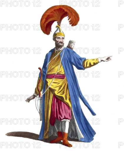 Historical clothing, fashion over the course of time, clothing of the bodyguard of the Grand Seignior, Emperor of the Turks, in 1700, digitally restored reproduction of a model from the 18th/19th century, exact date unknown, man in blue and gold robe with bow and arrows, red feathered hat