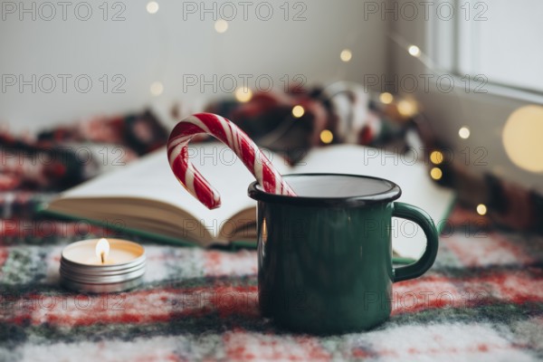 Cozy Christmas setting featuring a green mug, a festive candy cane, and a flickering candle next to an open book on a plaid blanket, creating a warm holiday atmosphere