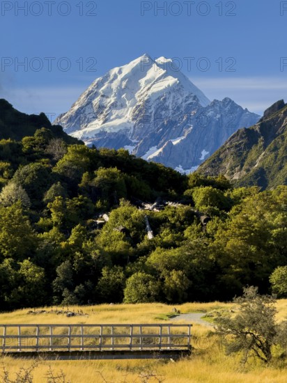 Stunning autumn landscape of Mount Cook, New Zealand, featuring snow capped peaks and lush foliage. A tranquil scene with a clear blue sky, perfect for nature lovers