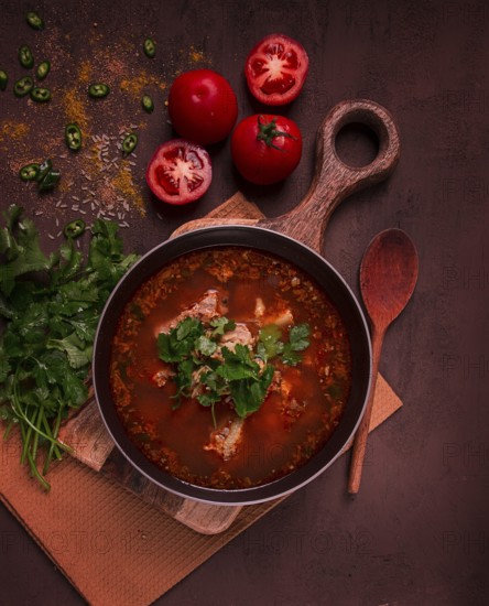 Kharcho soup, traditional Georgian dish, spicy soup, red, homemade, no people