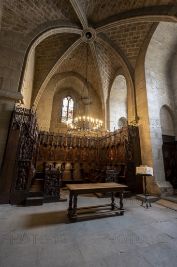 Interior with choir stalls in Notre Dame de Lausanne Cathedral, Lausanne, Vaud, Switzerland