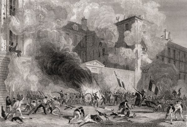 Attack to caserne Babylone of the Swiss Guards, rue de Babylone, Paris, antique steel engraved print, 1831