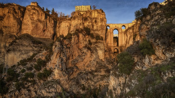 Spain, Andalucia, Malaga, Ronda, Puente Noevo stone bridge, White Villages, Ronda, Spain
