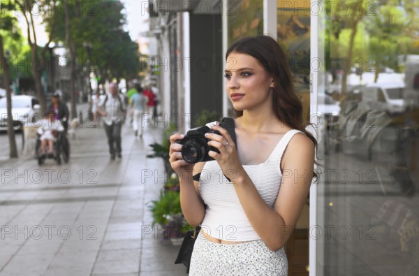 A young woman stands on a bustling city street, holding a camera She gazes ahead, ready to capture moments amidst the vibrant urban scene Pedestrians walk past her