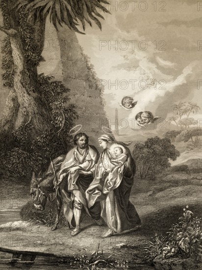 The flight to egypt, steel engraving, 1853, digitally restored