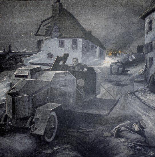 1st World War, English armoured cars shot up in Flanders (original text from 1915, original colouring), illustration, reproduction from a 19th century original. Authentic, file restored for optimal use, exact date of original unknown, Historical, Armoured vehicles on destroyed road at night with soldiers and destroyed buildings