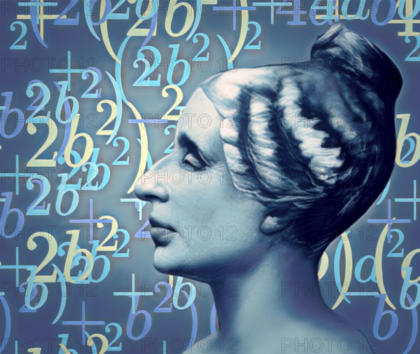 Bust of Marie-Sophie Germain, 1776 –1831, French mathematician, physicist and philosopher, digitally edited, the proof to the Fermat's Last Theorem