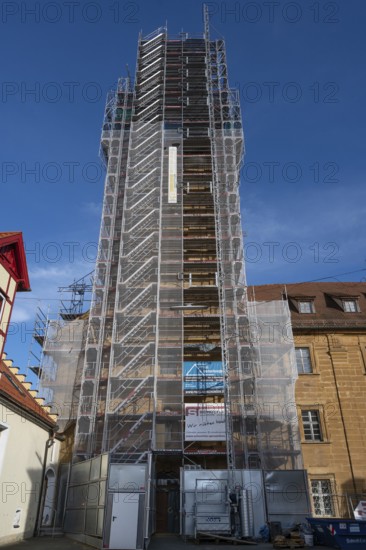 Scaffolding on the tower of the baroque St Boniface's Church, Weißenohe, Upper Franconia, Bavaria, Germany