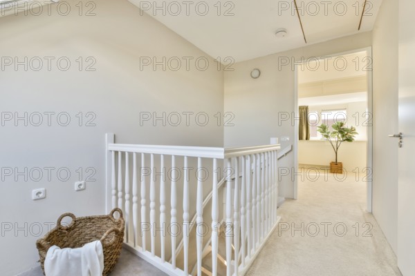 A modern, bright interior hallway features a white railing and plush carpet, accented by a wicker basket and a plant. Natural light floods through an open door, creating a warm ambiance