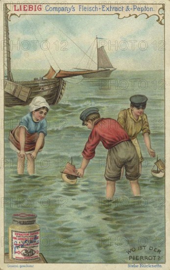 Series of search pictures, Where is the Pierrot, Liebig picture, digitally restored reproduction of a collector's picture from around 1900, public domain, exact date unknown, two boys and a girl playing with model boats by the sea, nostalgic atmosphere