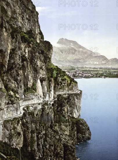 Ponale road and view of Riva, Lake Garda, Italy, Historical, digitally restored reproduction from a 19th century original, 1880, Record date not stated