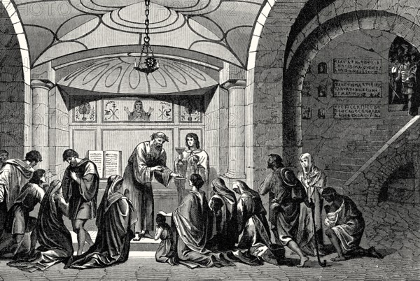 Persecution of Christians in the Roman Empire at the catacombs of Rome, 1st century AD