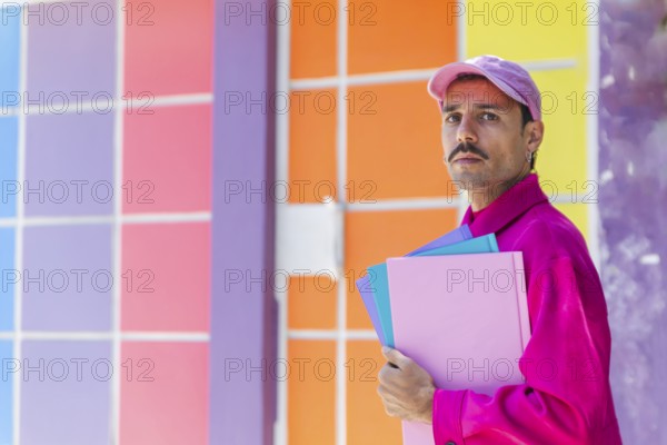 A young Spanish Caucasian man with a mustache, dressed in vibrant pink clothing, holding folders against a colorful backdrop. He embodies a cheerful urban lifestyle and casual fashion, expressing individuality and diversity