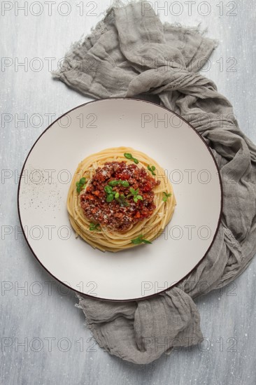 Spaghetti Bolognese, top view, close-up, no people, homemade