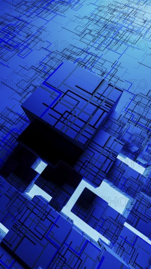 Vibrant abstract background showcases interconnected cubes, representing technology and data in a digital landscape