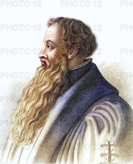 Johannes a Lasco or Jan Laski (ca. 1499-1560), Polish Protestant clergyman of the Reformation. At Cranmer's invitation, he became the leader of the Protestant refugees in London, where he preached during the reign of Edward VI. He left England after the accession of the Roman Catholic Mary I. Copper engraving from 1825, Historical, digitally restored reproduction from a 19th century original, Record date not stated