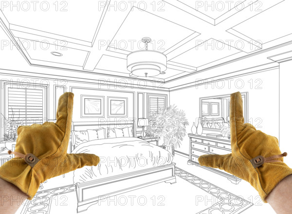 Male Contractor Hands Framing Over Custom Master Bedroom Design Drawing