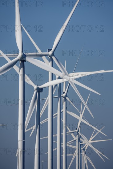 Landtong Rozenburg wind farm, Noordzeeweg, 11 Vestas wind turbines, with an output of 34 MW and an annual result of 117 gigawatts, which corresponds to the consumption of approximately 43, 000 households, on a headland on Nieuwe Waterweg, at Europoort harbour, hub height 130 meters, rotor diameter 26 meters, near Rotterdam, the Netherlands