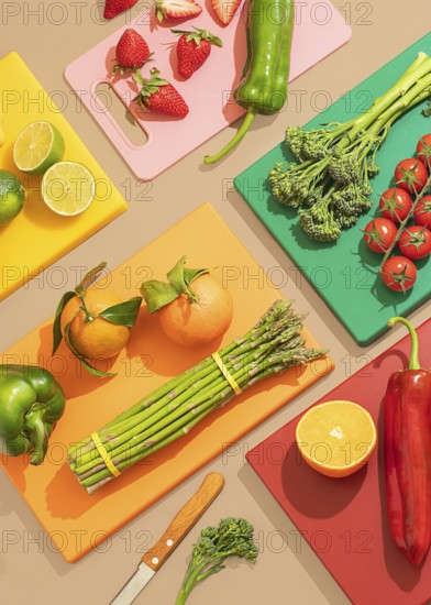 A colorful display of fresh fruits and vegetables on bright cutting boards, showcasing ingredients like strawberries, asparagus, and citrus under warm lighting
