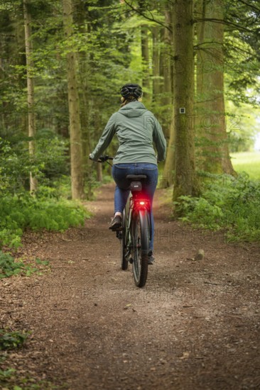 Person riding a bicycle in the forest. The surroundings are green and quiet, with a natural path, Bad Teinach, Black Forest, Germany