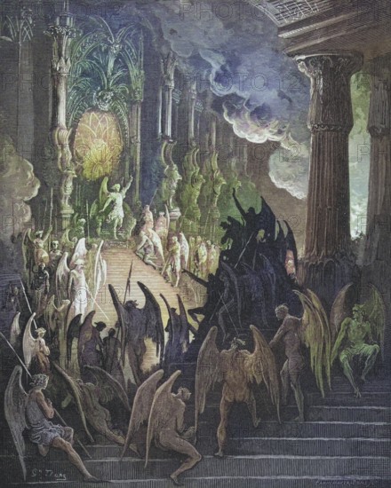 Illustration by Gustave Dore (1832-1883) for Paradise Lost, The Paradise Lost, published in 1667, is an epic poem in blank verse by the English poet John Milton, Inferno, Hell, Paradise, Angel, Damnation, Historical, digitally restored reproduction from a 19th century original, Record date not stated