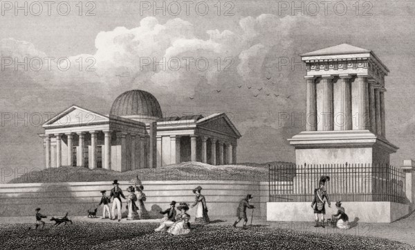 The New Observatory and Playfair's Monument, Calton Hill, Edinburgh, Scotland, 19th century, from Modern Athens by Th. H. Shepherd
