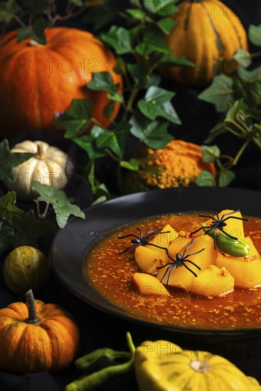 Pumpkin, goulash with artificial spiders and green leaf decorations, autumnal Halloween atmosphere, Halloween food
