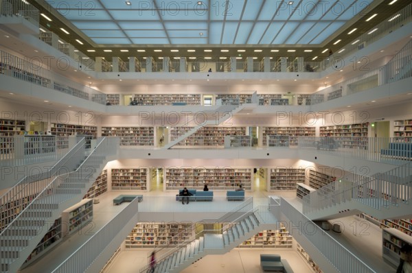 Interior view, gallery room with staircases of the city library, architect Eun Young Yi, Stuttgart, Baden-Württemberg, Germany