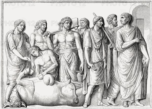 A haruspex observing a liver of a sacrificed animal, Ancient Rome