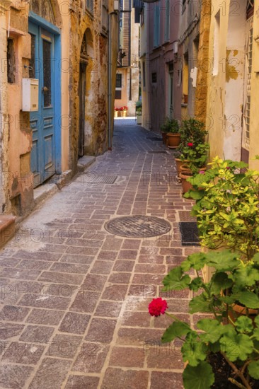 Scenic picturesque streets of Chania venetian town with coloful old houses. Chania greek village in the morning. Chanica, Crete island, Greece