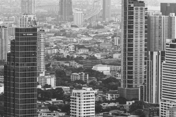 Over the rooftops of Bangkok, view from the Moon Bar on the roof terrace of the Banyan Tree hotel, black and white photo, Sathon, Bangkok, Thailand's metropolis, Thailand