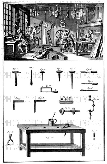 Historical illustration, workshop making musical instruments, 17th century