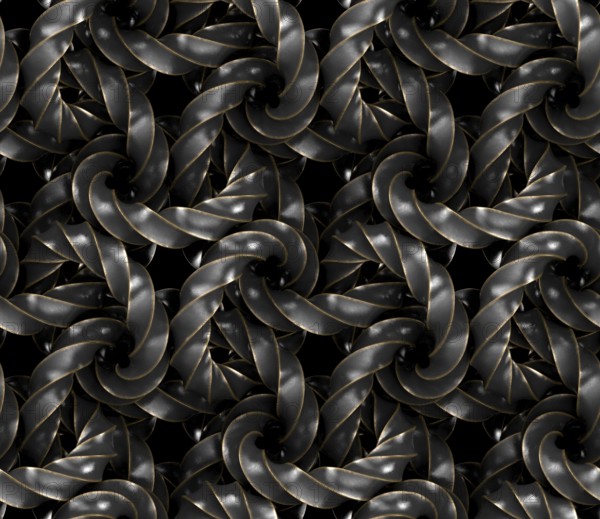 An intriguing seamless 3D geometric pattern that showcases an array of interlocking 4D rings in black shapes. This design offers a modern and luxurious visual experience