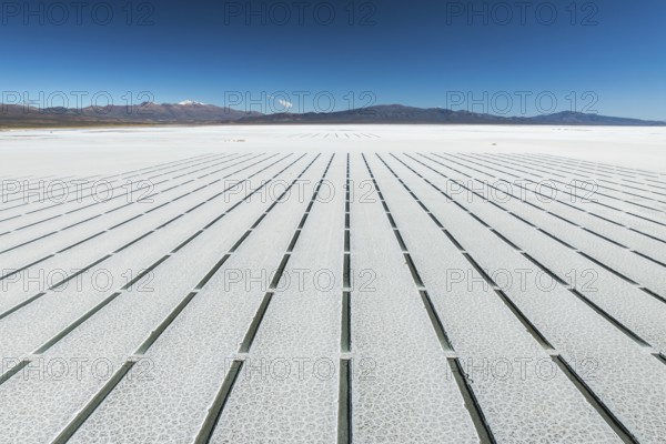 Aerial view of the geometric grid pattern created by salt extraction lines in Salinas Grandes, Salta, Argentina, under a vibrant blue sky with distant mountain ranges in the background